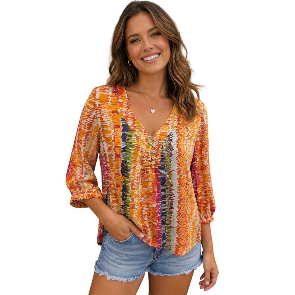 Coldwater creek sz PS PETITE S rainbow watercolor 3/4 sleeve peasant silk lined